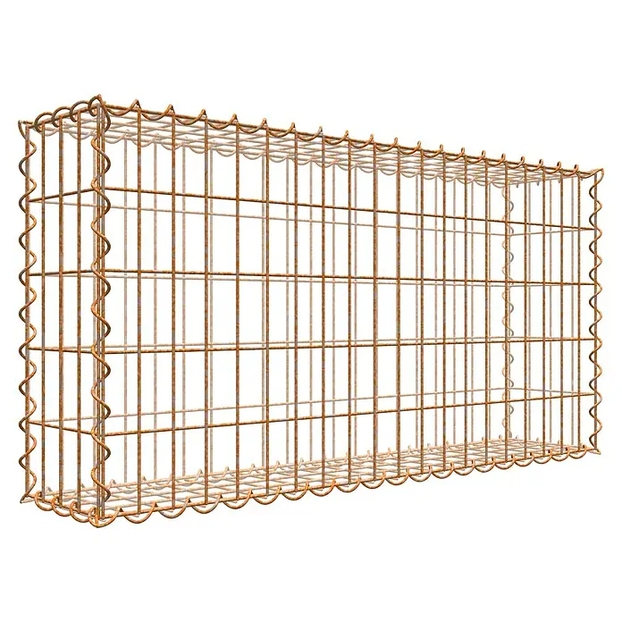Gabiona Gabione - 100 x 20 x 50 cm, Maschenbreite: 5 cm, Maschenhöhe: 10 cm, Unverzinkt - Ein rostfarbiger Gabionenkorb mit rechteckiger Form und Drahtgeflechtstruktur. Er ist leer und für Steine oder andere Füllmaterialien gedacht.