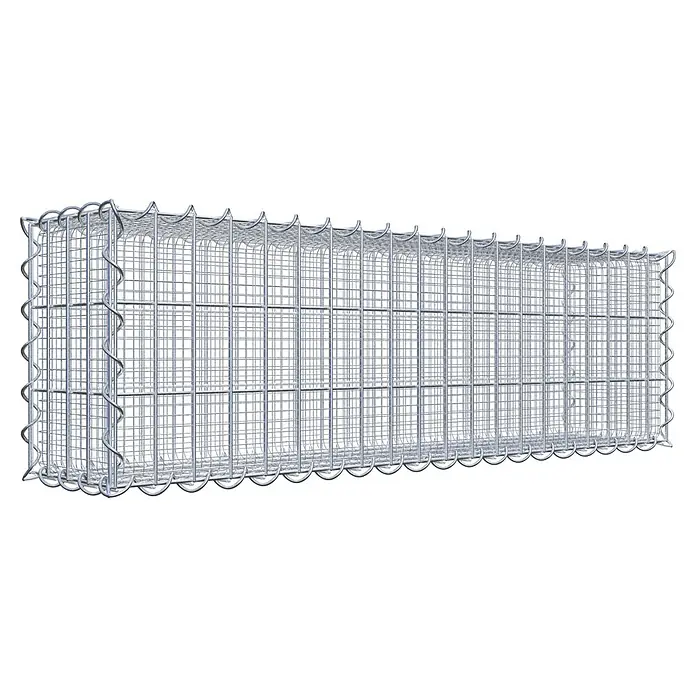 Gabiona Gabione - 100 x 20 x 30 cm, Maschenbreite: 5 cm, Maschenhöhe: 10 cm, Splittgabione - Nahaufnahme eines leeren Gabionenkastens aus Drahtgeflecht, ideal für Gartenbau und Landschaftsgestaltung, auf schwarzem Hintergrund.
