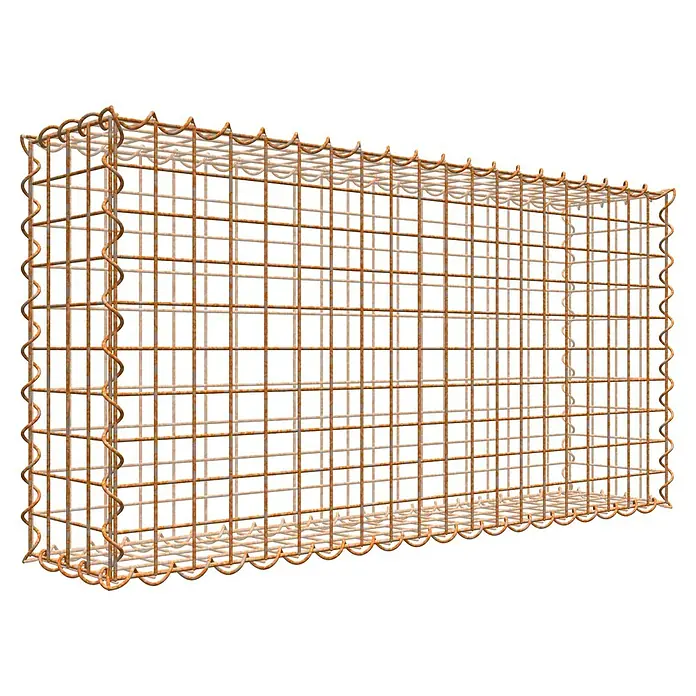 Gabiona Gabione - 100 x 20 x 50 cm, Maschenbreite: 5 cm, Maschenhöhe: 5 cm, Unverzinkt - Das Bild zeigt einen Gabionenkorb aus rostfarbenem Drahtgitter, der leer und rechteckig ist. Er ist für den Bau von Stützmauern geeignet.