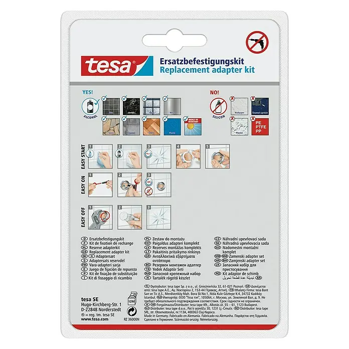 Tesa Montage-Set BK43-2 - 2 -tlg., Geeignet für: Badutensilien - Tesa Ersatzbefestigungskit: Das Bild zeigt ein Tesa Ersatzbefestigungskit, mit Anwendungsbeispielen für verschiedene Oberflächen.