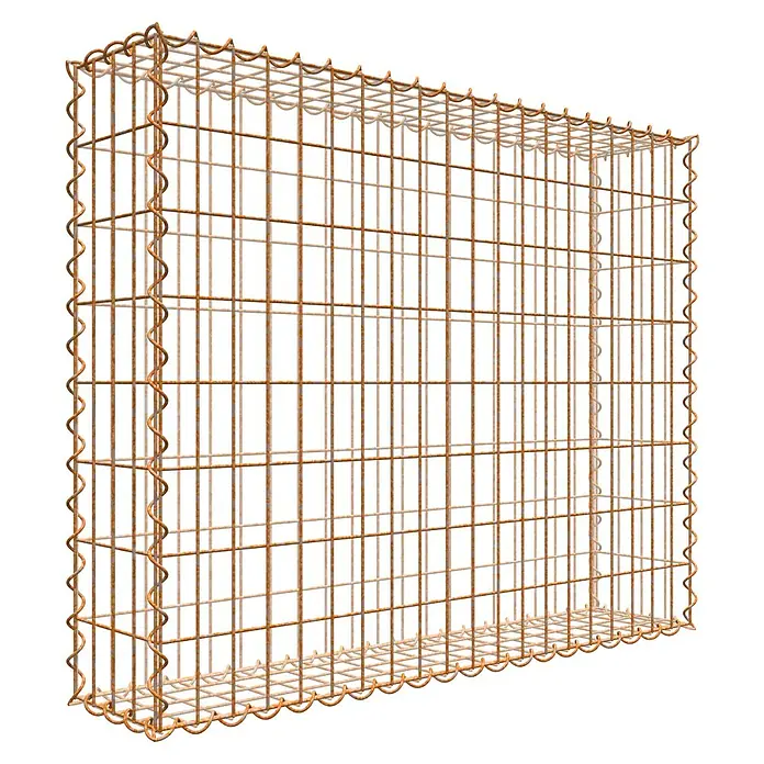 Gabiona Gabione - 100 x 20 x 80 cm, Maschenbreite: 5 cm, Maschenhöhe: 10 cm, Unverzinkt - Draufsicht auf einen Gabionenzaun, dessen rostfarbenes Drahtgitter eine stabile Struktur für diverse Anwendungen im Garten- und Landschaftsbau bietet.