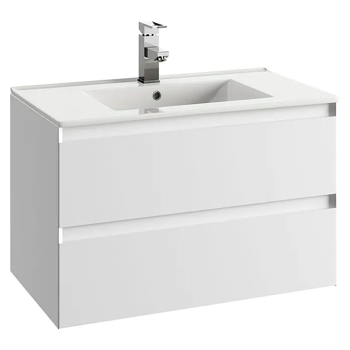 Space Einbauwaschbecken - 80 x 46 cm, Weiß - Modernes, weißes Badezimmer-Waschbecken mit zwei Schubladen und einem eleganten Wasserhahn für ein stilvolles Badezimmer.