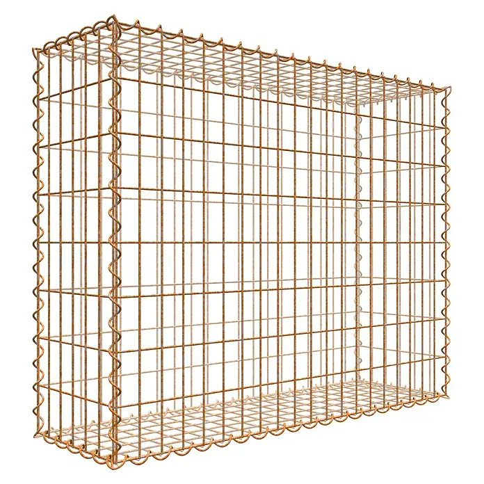 Gabiona Gabione - 100 x 30 x 80 cm, Maschenbreite: 5 cm, Maschenhöhe: 10 cm, Unverzinkt - Produktabbildung eines Gabionenkorbs, Drahtgeflecht, rostfarben, zur dekorativen Gartengestaltung oder als Stützmauer geeignet.