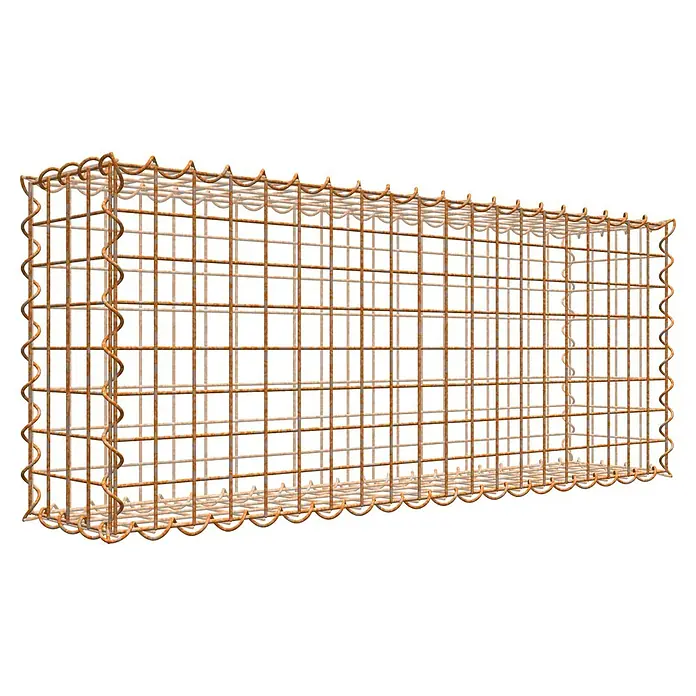 Gabiona Gabione - 100 x 20 x 40 cm, Maschenbreite: 5 cm, Maschenhöhe: 5 cm, Unverzinkt - Ein rechteckiger, rostfarbener Gabionenkorb aus Drahtgeflecht mit spiralförmigen Enden, ideal für den Garten- und Landschaftsbau.
