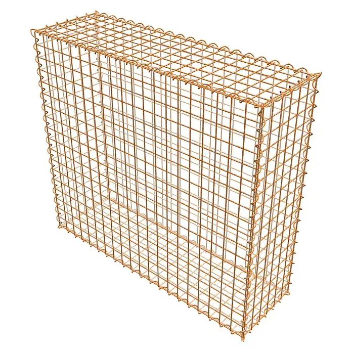 Gabiona Gabione - 100 x 30 x 90 cm, Maschenbreite: 5 cm, Maschenhöhe: 5 cm, Unverzinkt - Nahaufnahme eines Gabionenkörpers aus rostfarbenem Drahtgitter, der Stabilität und Struktur für den Gartenbau bietet.