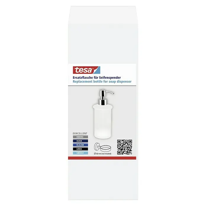 Tesa Ersatz-Seifenspender - Weiß/Chrom, Satiniert - Produktverpackung einer Tesa Ersatzflasche für Seifenspender, mit Bild des Seifenspenders und QR-Code für weitere Informationen.