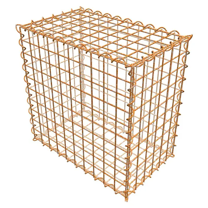 Gabiona Gabione - 50 x 30 x 50 cm, Maschenbreite: 5 cm, Maschenhöhe: 5 cm, Unverzinkt - Draufsicht auf einen Gabionenkorb aus rostfarbenem Drahtgitter. Ideal für den Garten- und Landschaftsbau.