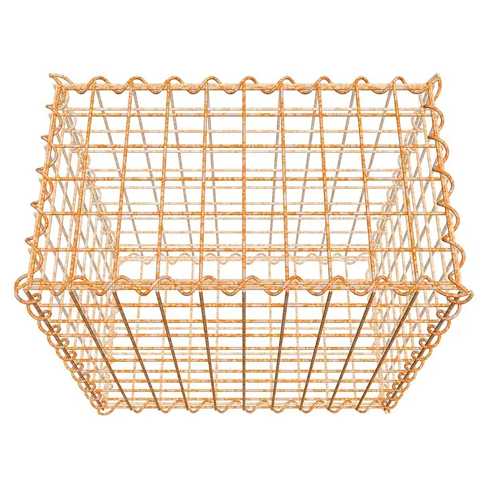 Gabiona Gabione - 50 x 30 x 50 cm, Maschenbreite: 5 cm, Maschenhöhe: 5 cm, Unverzinkt - Draufsicht auf einen quadratischen, orangefarbenen Drahtkorb mit gewellten Kanten, der sich ideal für Lagerung und Organisation eignet.