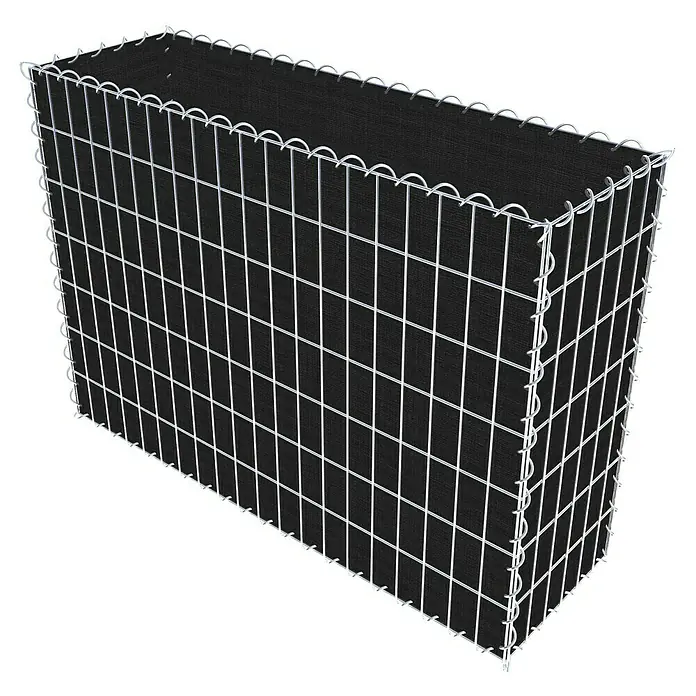 Gabiona Gabione - 100 x 30 x 70 cm, Maschenbreite: 5 cm, Maschenhöhe: 10 cm, Bepflanzbar - Draufsicht auf einen Gabionenkorb mit schwarzem Innenfutter. Ideal für den Garten- und Landschaftsbau oder als dekoratives Element im Außenbereich.