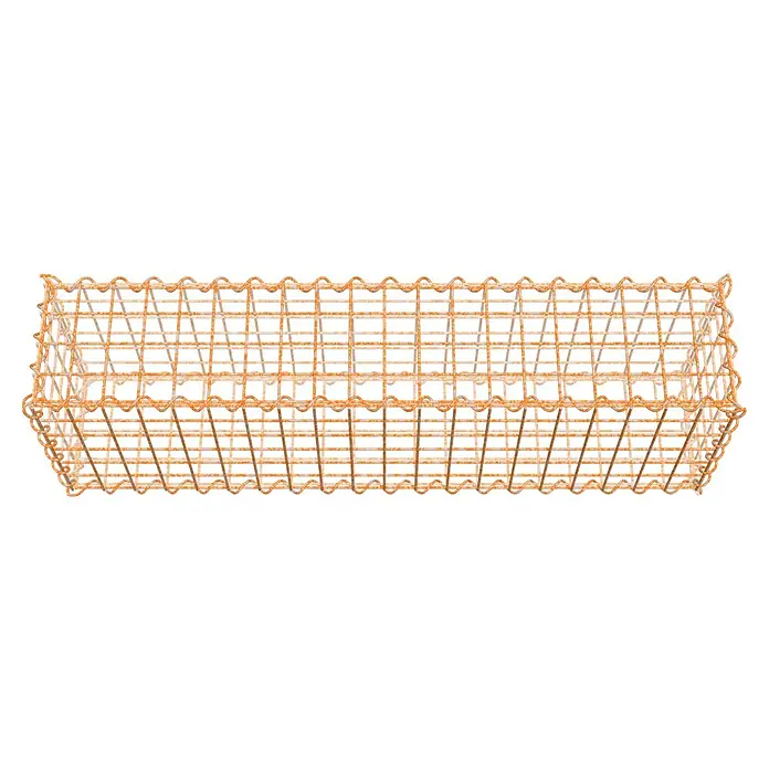 Gabiona Gabione - 100 x 20 x 30 cm, Maschenbreite: 5 cm, Maschenhöhe: 5 cm, Unverzinkt - Nahaufnahme eines rostfarbenen Drahtkorbs mit dekorativen gewellten Rändern, der ein rustikales und handwerkliches Gefühl vermittelt.