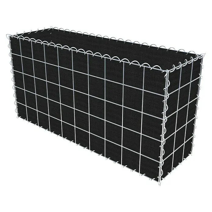 Gabiona Gabione - 100 x 30 x 50 cm, Maschenbreite: 10 cm, Maschenhöhe: 10 cm, Bepflanzbar - Ansicht eines Gabionenkorbes mit einer schwarzen Stoffeinlage. Der Korb besteht aus einem silberfarbenen Drahtgeflecht.