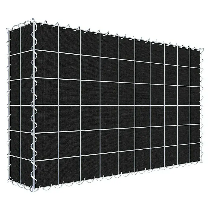 Gabiona Gabione - 100 x 20 x 60 cm, Maschenbreite: 10 cm, Maschenhöhe: 10 cm, Bepflanzbar - Ansicht eines Gabionenzauns. Die Steinkörbe sind mit schwarzem Material gefüllt, das für Privatsphäre oder Schallschutz sorgt.