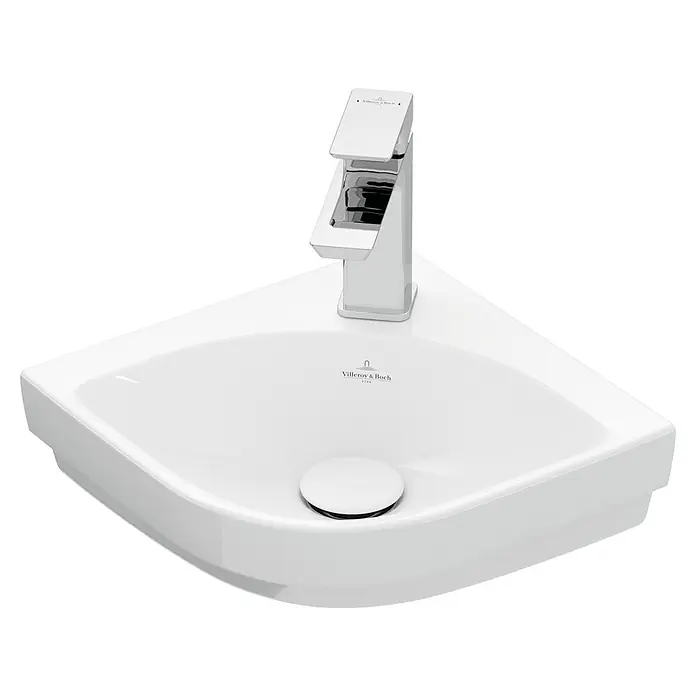 Villeroy & Boch Subway 3.0 Eckwaschbecken - 32 x 32 cm, Mit schmutzabweisender Glasur, Hahnloch: Mitte, Ohne Überlauf, Weiß Alpin, Dreieckig - Ein elegantes, weißes Villeroy & Boch Eckwaschbecken mit modernem Chrom-Wasserhahn für stilvolle Badezimmer.