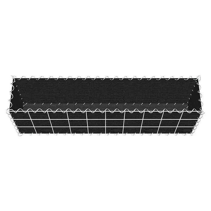 Gabiona Gabione - 100 x 20 x 30 cm, Maschenbreite: 10 cm, Maschenhöhe: 10 cm, Bepflanzbar - Aufnahme eines rechteckigen Gabionenkorbs mit dunkler Füllung und Drahtgitterstruktur, ideal für Gartenbau und Landschaftsgestaltung.