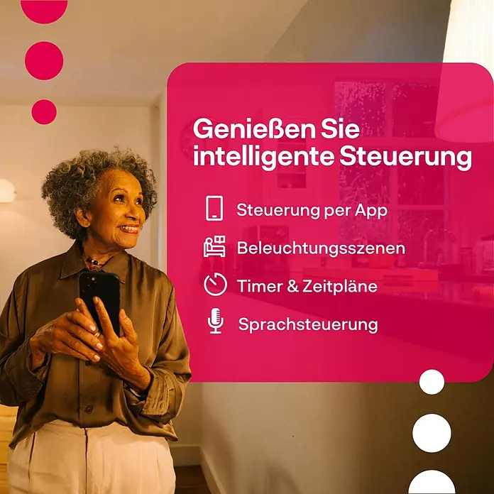 Innr Lighting Smart-LED-Lampen Set Spot Komfort - GU10, Dimmbar, Mehrfarbig, 470 lm, 4,9 W, 2 Stk. - Frau nutzt intelligente Steuerung mit App, Beleuchtungsszenen, Timer & Zeitpläne und Sprachsteuerung.