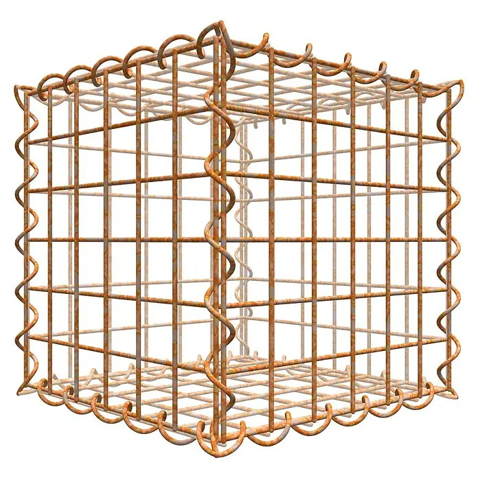Gabiona Gabione - 30 x 30 x 30 cm, Maschenbreite: 5 cm, Maschenhöhe: 5 cm, Unverzinkt - Ein dreidimensionaler, rostfarbener, würfelförmiger Drahtkäfig mit wellenförmigen Kanten, dargestellt auf schwarzem Hintergrund.