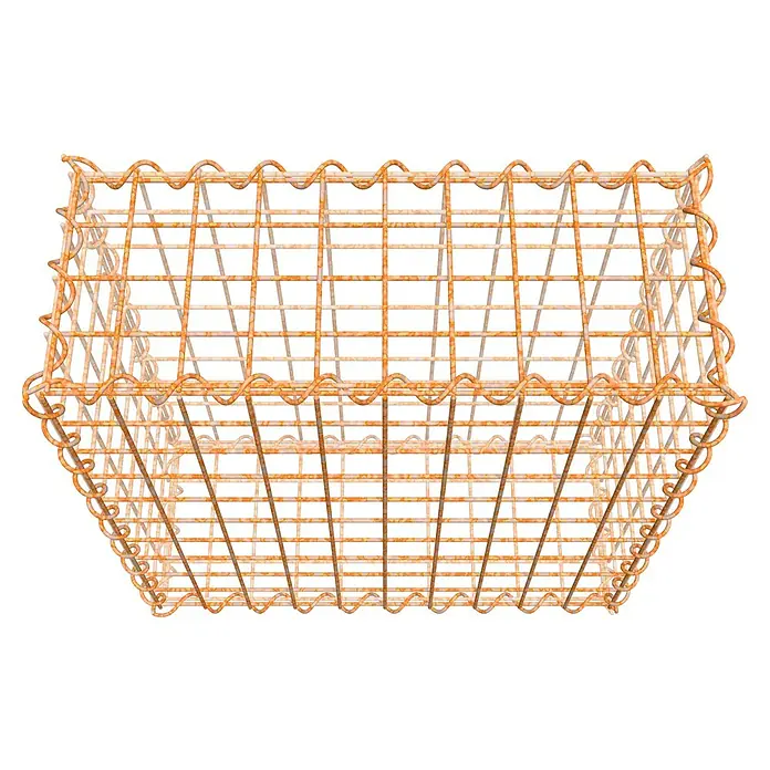 Gabiona Gabione - 50 x 20 x 50 cm, Maschenbreite: 5 cm, Maschenhöhe: 5 cm, Unverzinkt - Rostfarbener Drahtkorb mit gewelltem Rand und Gitterstruktur, ideal zur Aufbewahrung von Gegenständen im Haushalt oder Garten.