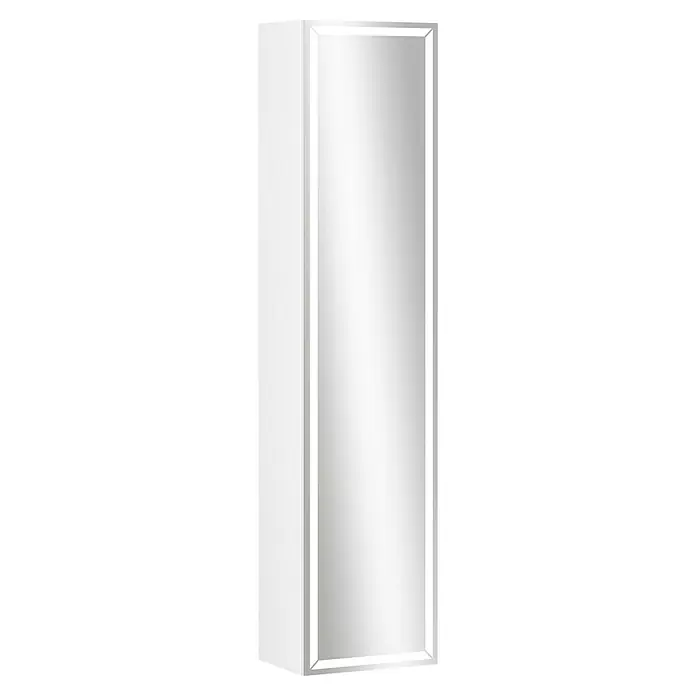 Riva Spiegel-Hochschrank Alex - 36 x 16,5 x 155 cm, Mit Beleuchtung, Weiß - Ein weißer Spiegelschrank mit rechteckigem Spiegel, ideal für Badezimmer zur Aufbewahrung und stilvollen Gestaltung.