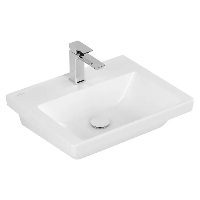 Villeroy & Boch Subway 3.0 Waschtisch - 55 x 44 cm, Mit schmutzabweisender Glasur, Hahnloch: Mitte, Ohne Überlauf, Stone White, Ungeschliffen, Waschbecken geeignet für: Möbel - Elegantes Aufsatzwaschbecken in Weiß mit Armatur, ideal für moderne Badezimmerdesigns. Die klare Formgebung zeichnet dieses Becken aus.