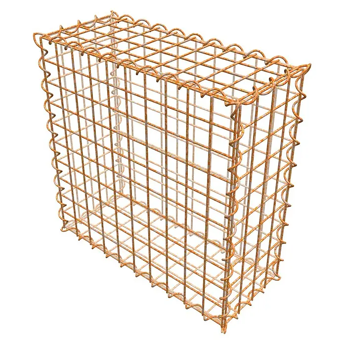 Gabiona Gabione - 50 x 20 x 50 cm, Maschenbreite: 5 cm, Maschenhöhe: 5 cm, Unverzinkt - Ein rechteckiger Gabionenkorb aus rostigem Drahtgeflecht, der Stabilität und Struktur für verschiedene Anwendungen bietet.
