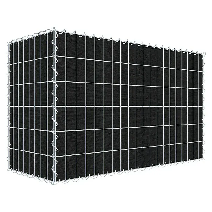 Gabiona Gabione - 100 x 40 x 60 cm, Maschenbreite: 5 cm, Maschenhöhe: 10 cm, Bepflanzbar - Ansicht eines Gabionenkorbs, der mit einem schwarzen Stoff ausgekleidet ist und eine robuste und moderne Lösung für den Außenbereich darstellt.