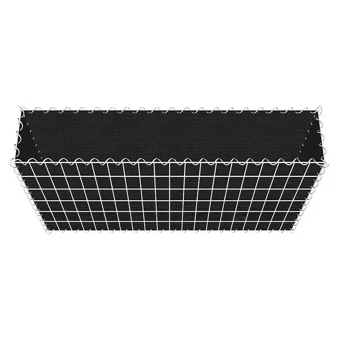 Gabiona Gabione - 100 x 20 x 60 cm, Maschenbreite: 5 cm, Maschenhöhe: 10 cm, Bepflanzbar - Ansicht eines rechteckigen schwarzen Einkaufskorbs mit einem silberfarbenen, spiralförmigen Drahtgestell, das ein modernes und elegantes Design bietet.