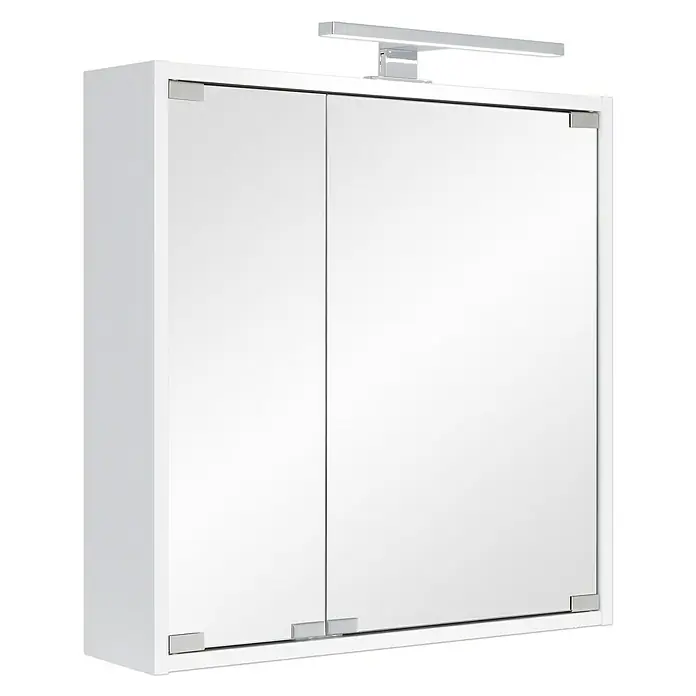 Riva LED-Spiegelschrank Flora - B x H: 60 x 60 cm, Holz, Weiß - Ein weißer Spiegelschrank mit zwei Türen und einer silbernen Lampe oben drauf, ideal für Badezimmer, mit klaren Linien und moderner Optik.