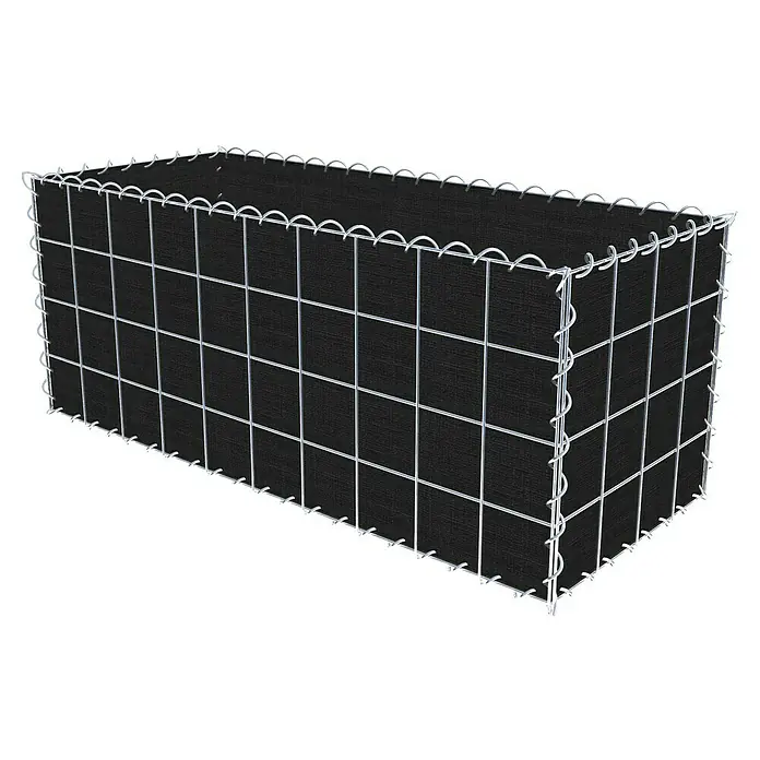 Gabiona Gabione - 100 x 40 x 40 cm, Maschenbreite: 10 cm, Maschenhöhe: 10 cm, Bepflanzbar - Ein Gabionenkasten mit schwarzen Innenwänden und einem silbernen Drahtgitter. Ideal für den Garten- und Landschaftsbau, bietet Stabilität und Schutz.