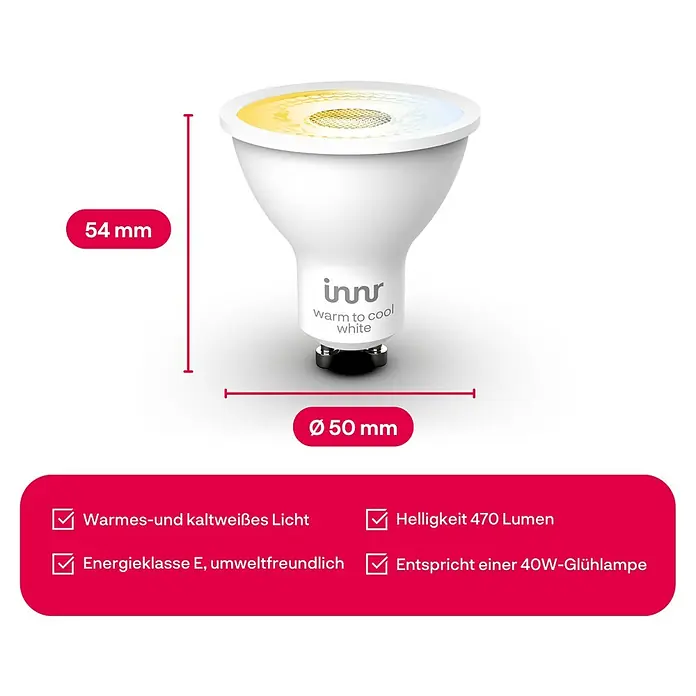 Innr Lighting Smart-LED-Lampen Set Spot Komfort - GU10, Dimmbar, Mehrfarbig, 470 lm, 4,9 W, 2 Stk. - Produktbild einer Inn Warm to cool white Lampe mit den Maßen 54 mm Höhe und 50 mm Durchmesser.