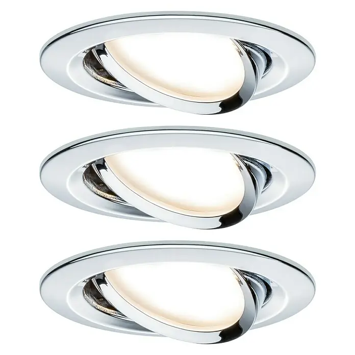 Paulmann Nova LED-Einbauleuchten-Set - 6,5 W, 3 Stk., Warmweiß, 8,4 cm, Chrom - Nahaufnahme von drei runden, schwenkbaren LED-Einbaustrahlern mit Chromfassung vor schwarzem Hintergrund.