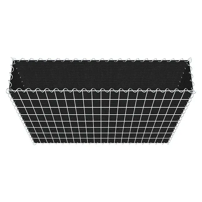 Gabiona Gabione - 100 x 20 x 80 cm, Maschenbreite: 5 cm, Maschenhöhe: 10 cm, Bepflanzbar - Das Produkt ist eine Drahtschale mit einem schwarzen Tuch darin. Die Schale hat ein gewebtes Muster und die Drähte sind mit Spiralen verbunden.