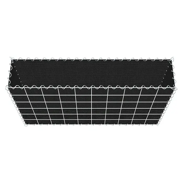 Gabiona Gabione - 100 x 20 x 60 cm, Maschenbreite: 10 cm, Maschenhöhe: 10 cm, Bepflanzbar - Nahaufnahme eines Gabionenkorbs mit dunklen Steinen und einem Drahtgitter, ideal für dekorative oder funktionale Zwecke im Garten.