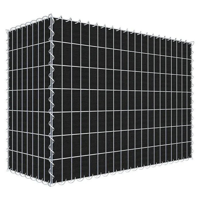 Gabiona Gabione - 100 x 40 x 70 cm, Maschenbreite: 5 cm, Maschenhöhe: 10 cm, Bepflanzbar - Das Bild zeigt einen Gabionenkorb mit schwarzem Innenteil und einem Drahtgeflecht. Der Korb ist leer und bereit zur Befüllung.