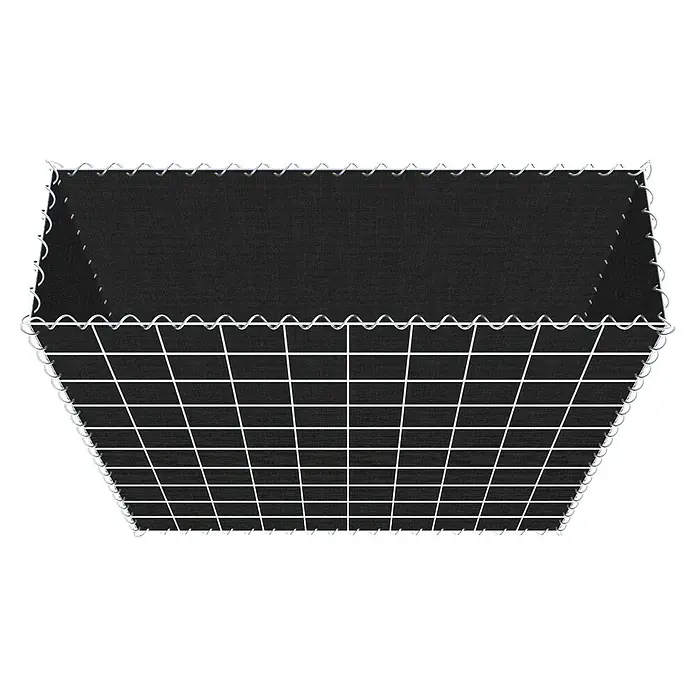 Gabiona Gabione - 100 x 30 x 100 cm, Maschenbreite: 10 cm, Maschenhöhe: 10 cm, Bepflanzbar - Nahaufnahme eines Gabionenkorbs mit schwarzem Füllmaterial und weißem Drahtgeflecht, der Stabilität und modernes Design vereint.