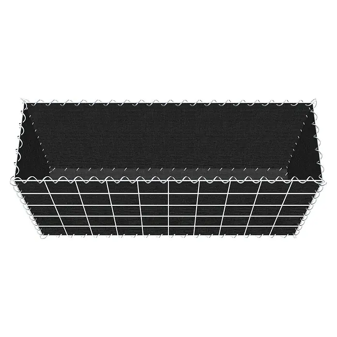 Gabiona Gabione - 100 x 30 x 50 cm, Maschenbreite: 10 cm, Maschenhöhe: 10 cm, Bepflanzbar - Nahaufnahme eines rechteckigen Gabionenkorbs mit schwarzem Stoffeinsatz, der Stabilität und stilvolle Optik vereint.