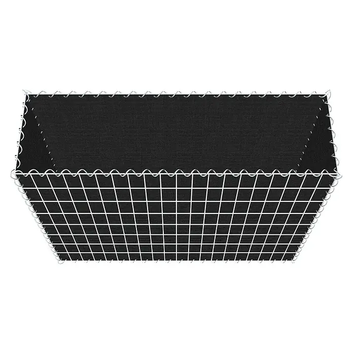 Gabiona Gabione - 100 x 30 x 80 cm, Maschenbreite: 5 cm, Maschenhöhe: 10 cm, Bepflanzbar - Das Bild zeigt eine moderne Gabione mit einer dunklen Stoffauskleidung, ideal für den Garten- und Landschaftsbau als stilvolles Gestaltungselement.