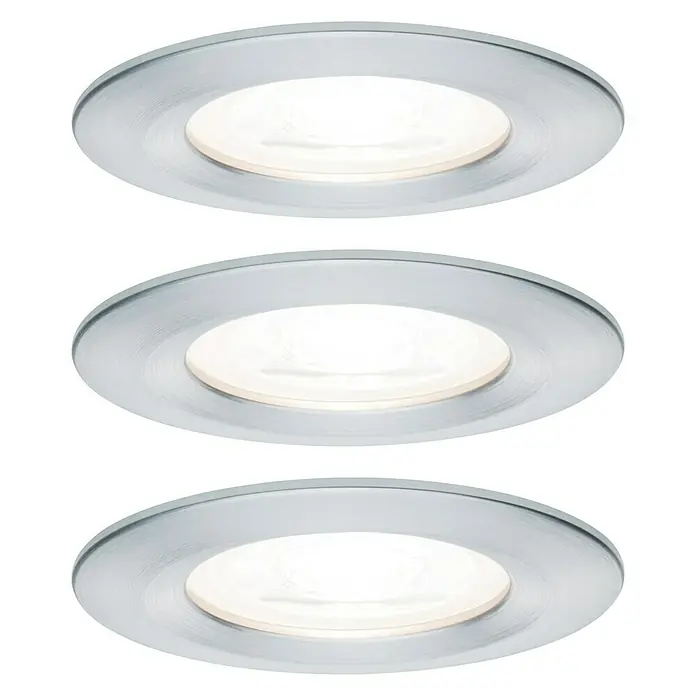 Paulmann LED-Einbauleuchten-Set Nova - 6,5 W, Aluminium, 3 Stk., Warmweiß, Durchmesser: 7,8 cm, IP44 - Drei runde LED-Einbaustrahler mit silberfarbenen Rahmen, die helles Licht ausstrahlen, perfekt für moderne Beleuchtung.