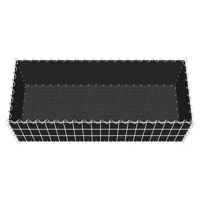 Gabiona Gabione - 100 x 40 x 30 cm, Maschenbreite: 5 cm, Maschenhöhe: 10 cm, Bepflanzbar - Ein rechteckiger, weißer Drahtkorb mit schwarzem Stoffeinsatz, der vielseitig einsetzbar und dekorativ ist.