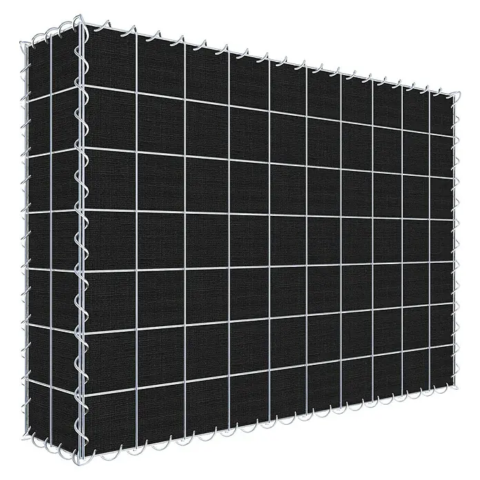 Gabiona Gabione - 100 x 20 x 70 cm, Maschenbreite: 10 cm, Maschenhöhe: 10 cm, Bepflanzbar - Nahaufnahme einer Gabionenwand mit schwarzer Füllung und silbernem Drahtgitter. Die Gabione ist stabil und modern.