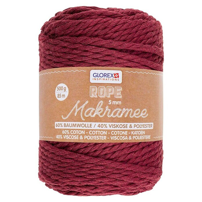 Glorex Wolle Makramee-Rope (Bordeaux, Durchmesser: 5 mm, 500 g, gedreht) | BAUHAUS