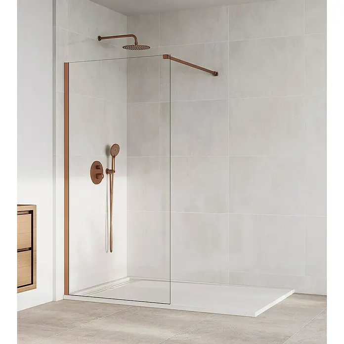 GME Mampara de ducha fija Screen Cobre - An x Al: 108 x 195 cm, Cobre - Cabina de ducha con vidrio transparente y accesorios de cobre, diseño minimalista. Ideal para baños modernos con un toque elegante.