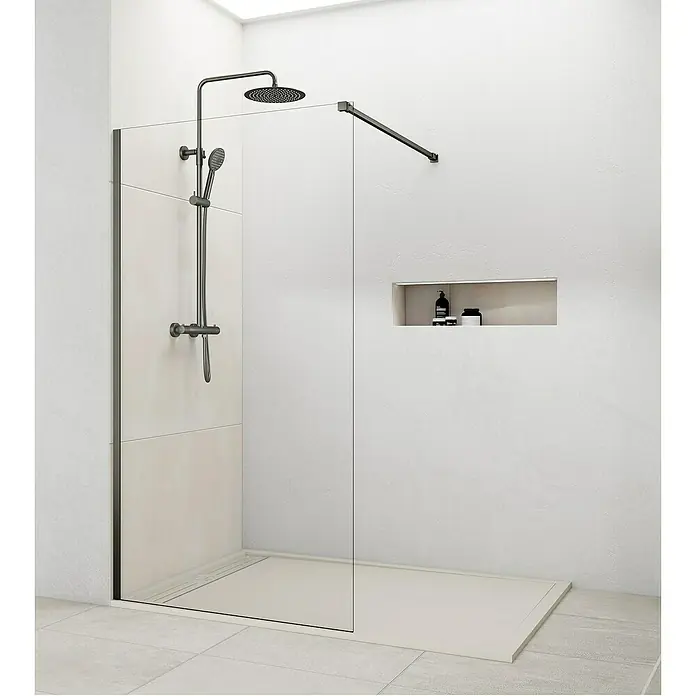 GME Mampara de ducha fija Screen Titanio - An x Al: 98 x 195 cm, Titanio - Cabina de ducha moderna con accesorios negros y estante. Su diseño limpio encaja perfectamente en cualquier baño.