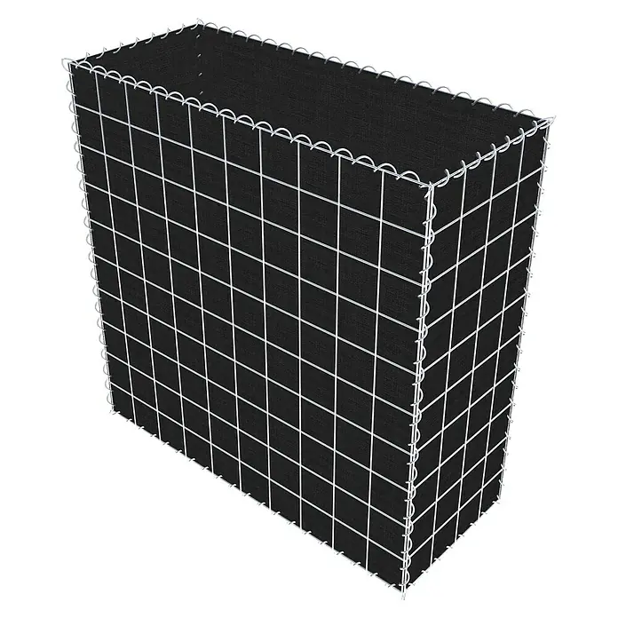 Gabiona Gabione - 100 x 40 x 100 cm, Maschenbreite: 10 cm, Maschenhöhe: 10 cm, Bepflanzbar - Ein Gabionen-Pflanzgefäß mit schwarzem Stoffeinsatz und einem stabilen Drahtgitter, ideal für Gärten und Außenbereiche, präsentiert.