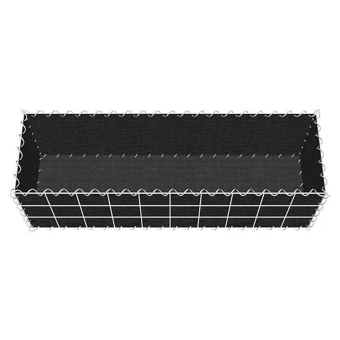 Gabiona Gabione - 100 x 30 x 30 cm, Maschenbreite: 10 cm, Maschenhöhe: 10 cm, Bepflanzbar - Nahaufnahme eines rechteckigen schwarzen Wäschekorbs mit einem Drahtgestell. Ideal für die Organisation und Aufbewahrung von Wäsche im Haushalt.