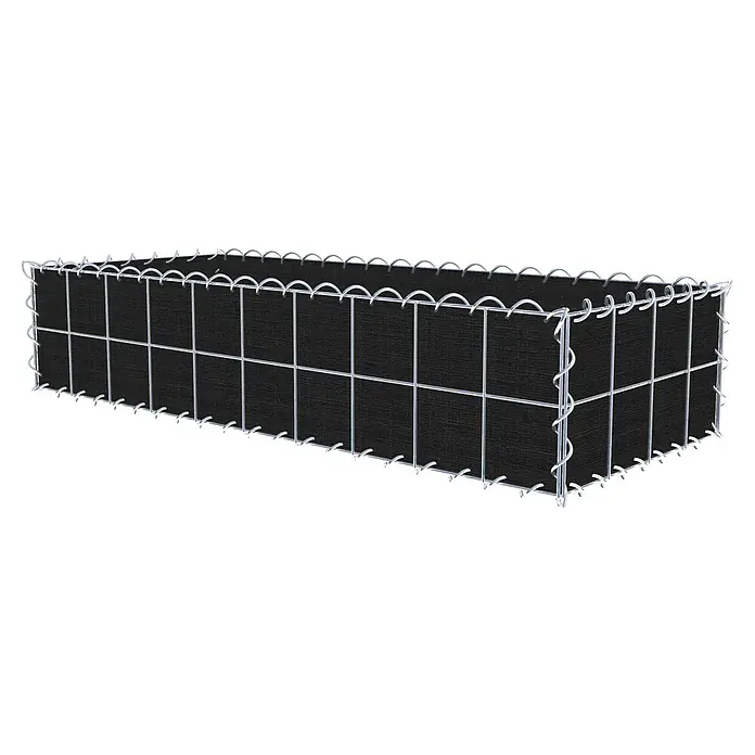 Gabiona Gabione - 100 x 40 x 20 cm, Maschenbreite: 10 cm, Maschenhöhe: 10 cm, Bepflanzbar - Das Bild zeigt einen Gabionen-Pflanzkasten mit schwarzem Textil-Einsatz, eingefasst in einen stabilen Drahtkorb, ideal für den Garten.
