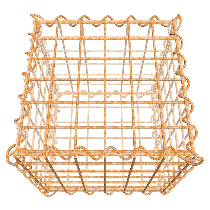 Gabiona Gabione - 30 x 30 x 30 cm, Maschenbreite: 5 cm, Maschenhöhe: 5 cm, Unverzinkt - Ein detailliertes Bild eines Drahtkorbes, der eine dreidimensionale Struktur mit einem dekorativen gewellten Rand aufweist und ein interessantes Designelement darstellt.