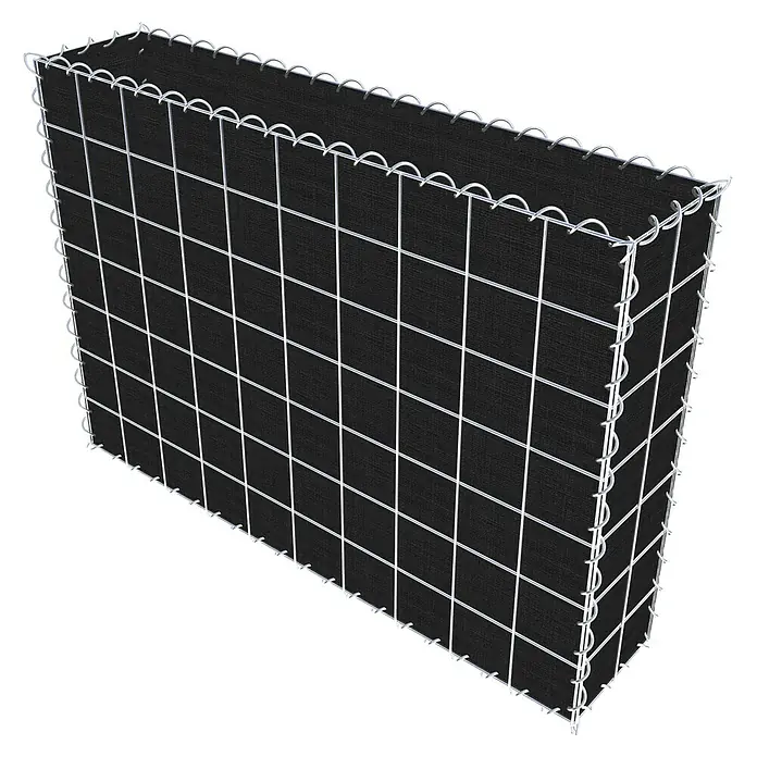 Gabiona Gabione - 100 x 20 x 70 cm, Maschenbreite: 10 cm, Maschenhöhe: 10 cm, Bepflanzbar - Ein Gabionenkasten mit einer Drahtgitterstruktur und einem schwarzen Stoffeinsatz. Ideal für Gartenbau und Landschaftsgestaltung.