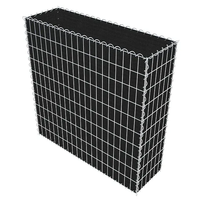 Gabiona Gabione - 100 x 30 x 100 cm, Maschenbreite: 5 cm, Maschenhöhe: 10 cm, Bepflanzbar - Das Bild zeigt einen Gabionenkorb mit einer schwarzen Stoffauskleidung. Der Korb ist aus Draht gefertigt und rechteckig.