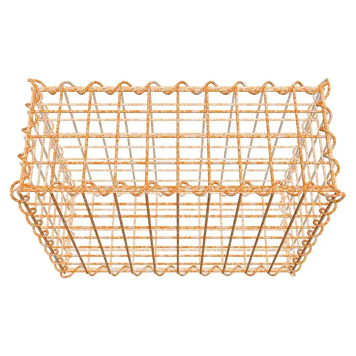 Gabiona Gabione - 50 x 20 x 40 cm, Maschenbreite: 5 cm, Maschenhöhe: 5 cm, Unverzinkt - Nahaufnahme eines orangefarbenen Drahtkorbs mit gewellten Rändern, der eine rustikale und dennoch elegante Aufbewahrungslösung bietet.