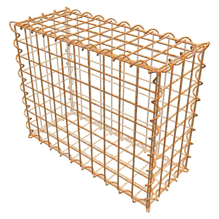 Gabiona Gabione - 50 x 20 x 40 cm, Maschenbreite: 5 cm, Maschenhöhe: 5 cm, Unverzinkt - Das Bild zeigt einen Gabionenkorb aus rostfarbenem Draht. Der Korb ist leer und hat eine rechteckige Form mit abgerundeten Ecken.